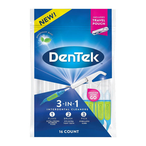 Dentek 3 In 1 Interdental Cleaner, Floss, Brush, Pick, Travel Pouch, 16 Ea